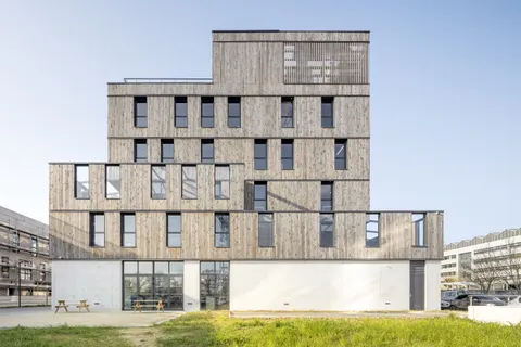 Bâtiment d'architecte recouvert de bardage en bois naturel
